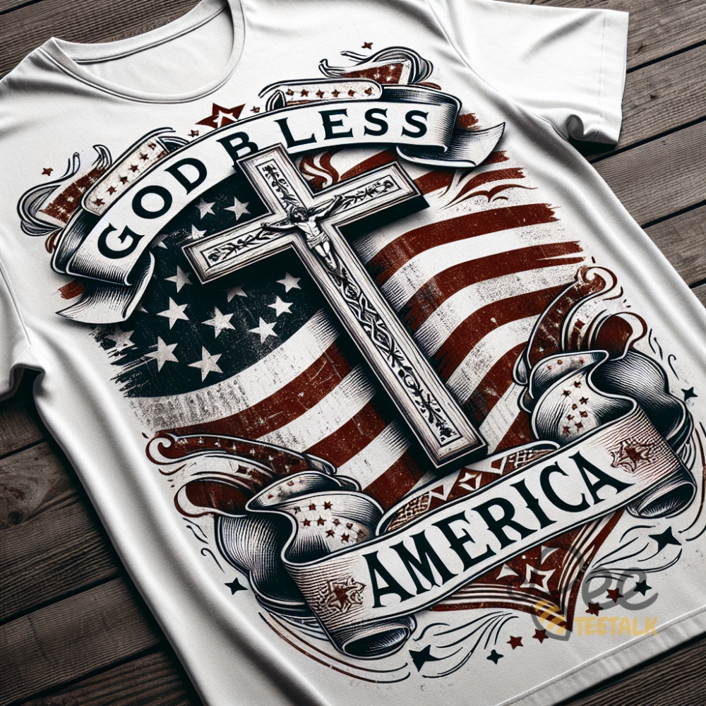 God Bless America Cross Tshirt Red White Blue Memorial Day Shirts Patriotic Usa Pride Tee