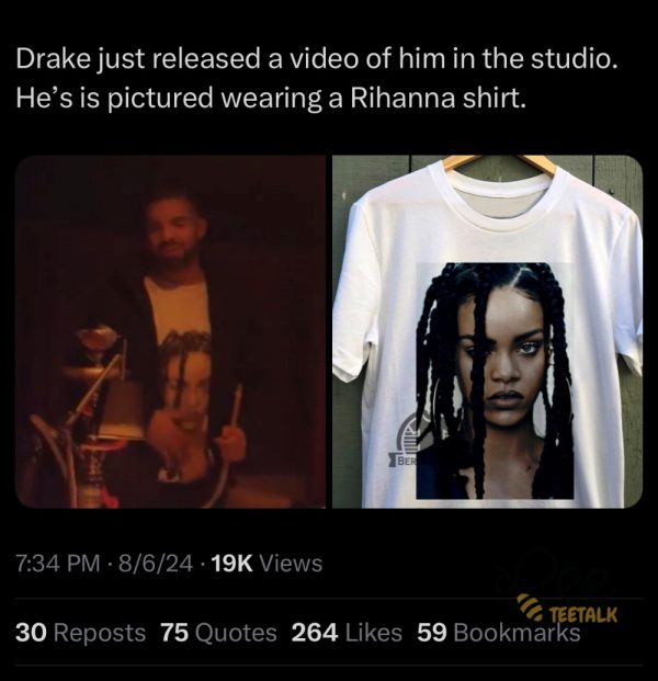 Drake Rihanna Shirt With Signature Drake Wearing Rihanna Shirt In Studio beeteetalk 1