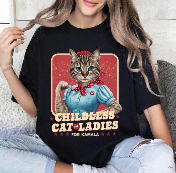 Childless Cat Ladies For Kamala Shirt Funny Strong Cat Lady Tee Gift For Cat Moms Kamala Harris Supporters 2024 beeteetalk 1