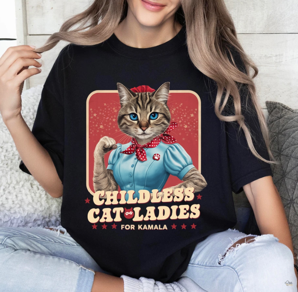 Childless Cat Ladies For Kamala Shirt Funny Strong Cat Lady Tee Gift For Cat Moms Kamala Harris Supporters 2024