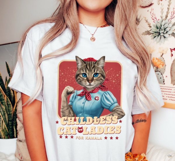 Childless Cat Ladies For Kamala Shirt Funny Strong Cat Lady Tee Gift For Cat Moms Kamala Harris Supporters 2024 beeteetalk 3