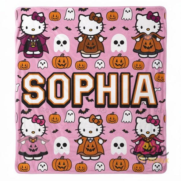 Personalized Halloween Hello Kitty Blanket Pink Spooky Season Pumpkin Cat Sanrio Fleece Sherpa Blankets beeteetalk 1