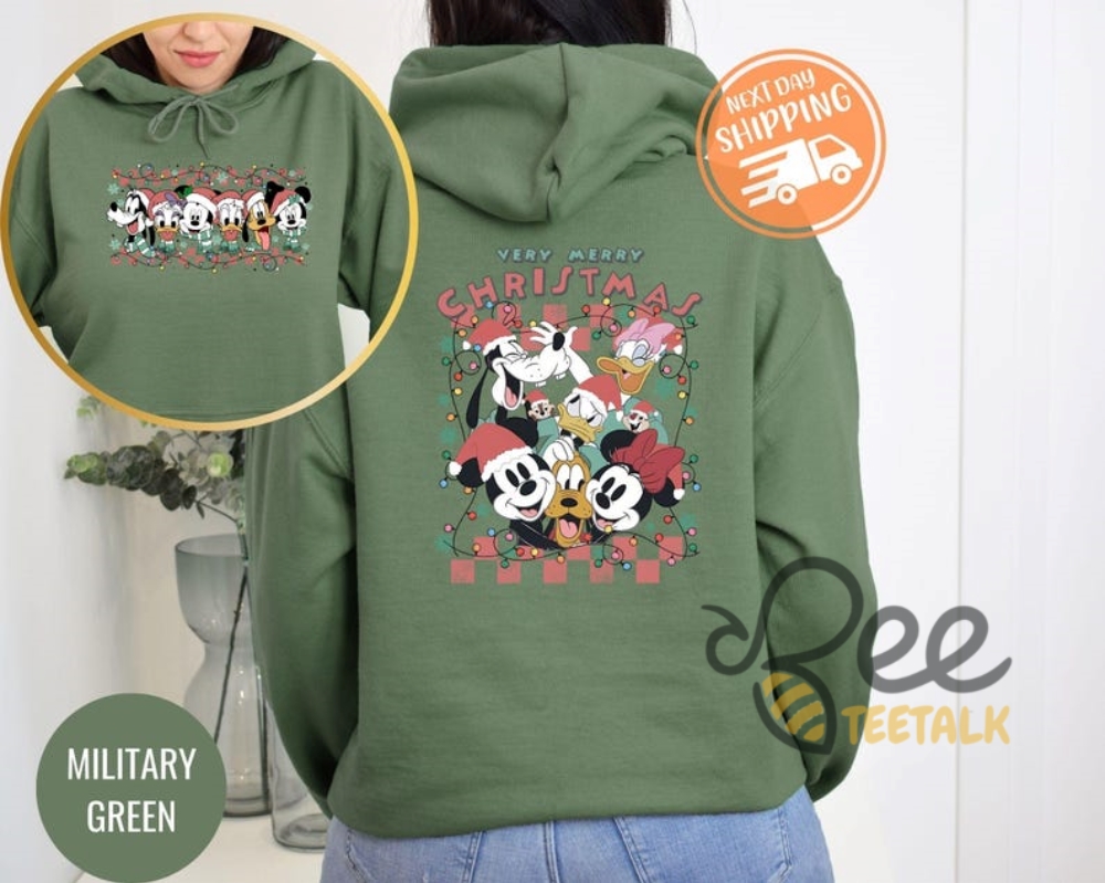 Cartoon Mouse And Friends Very Merry Christmas Checkered Christmas Lights Shirt  Christmas Party Movie T Shirt Sweatshirt Hoodie Graphic Tee