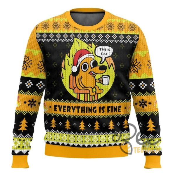 This Is Fine Meme Ugly Christmas Sweater Funny Dog Everything Is Fine Meme Artificial Wool Sweatshirt beeteetalk 2