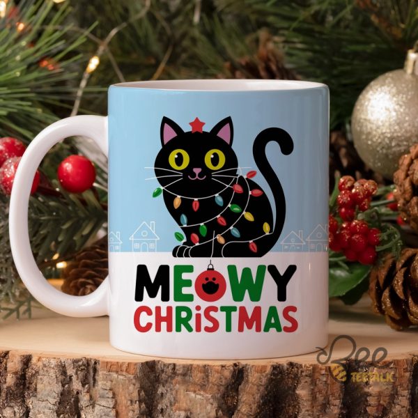 Meowy Christmas Black Cat Shirt Xmas Light Gift For Cat Lovers beeteetalk 1