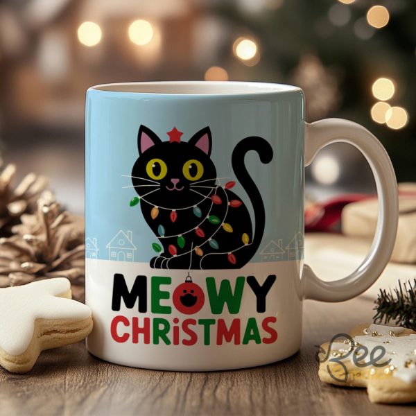 Meowy Christmas Black Cat Shirt Xmas Light Gift For Cat Lovers beeteetalk 3