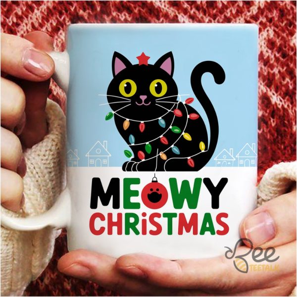 Meowy Christmas Black Cat Shirt Xmas Light Gift For Cat Lovers beeteetalk 4