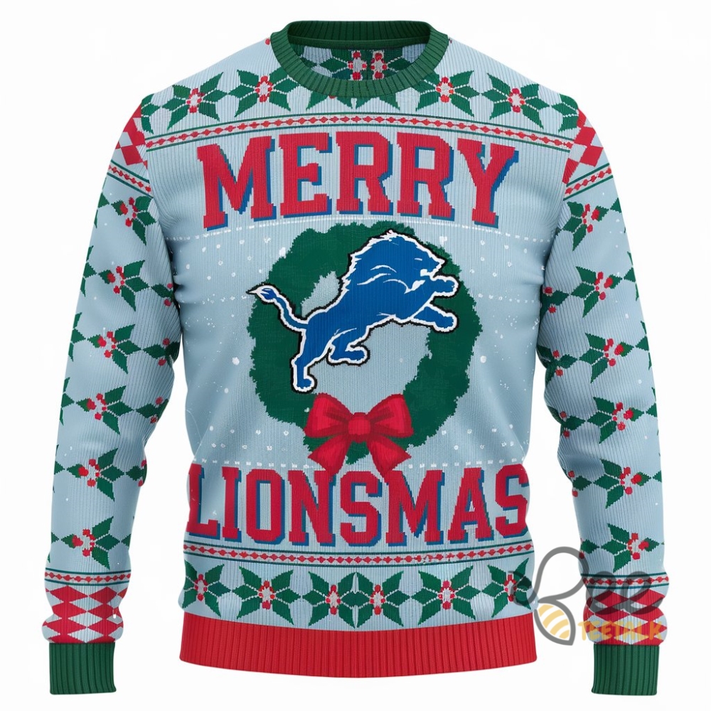 Merry Lionsmas Football Artificial Wool Sweatshirt Detroit Lions Merry Christmas 2024 Ugly Sweater