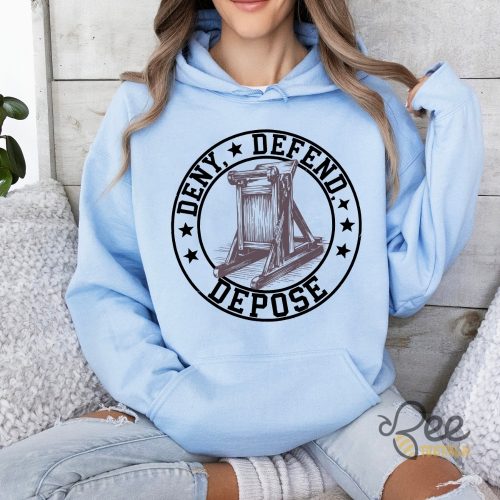 Deny Defend Depose Uho Healthcare T Shirt Activism Political Wooden Guillotine Shirt NEW - | Beeteetalk High-quality Image