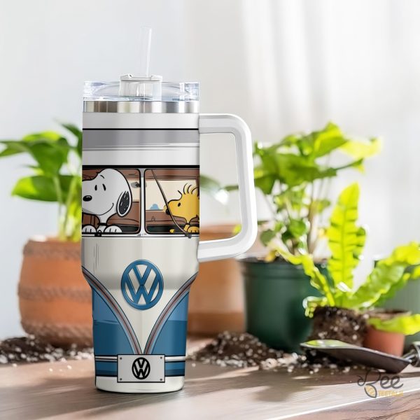 Snoopy And Woodstock Driving Blue Vw Volkswagen Van 40Oz Stanley Tumbler Dupe beeteetalk 3