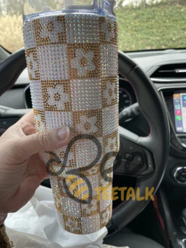 Square And Flowers 40Oz Lv Tumbler Bling Rhinestone - | Beeteetalk High-quality Image