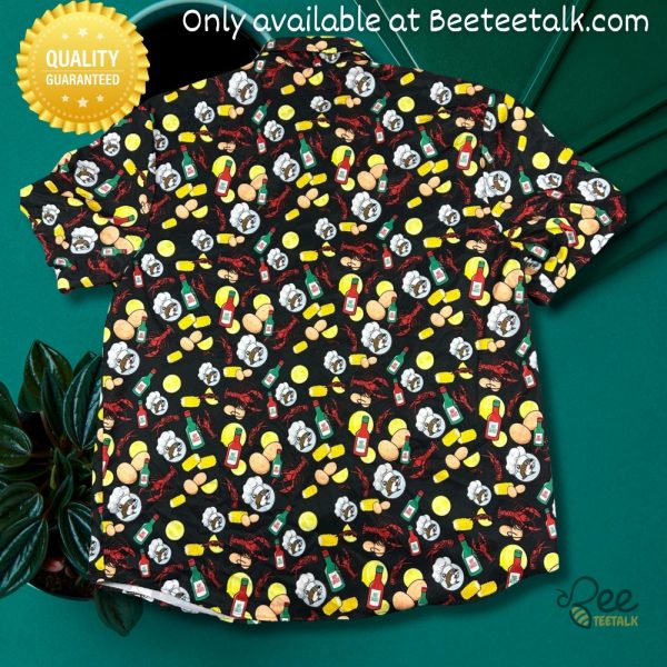 Crawfish boil black hot sauce corn cajun buc ees hawaiian shirt