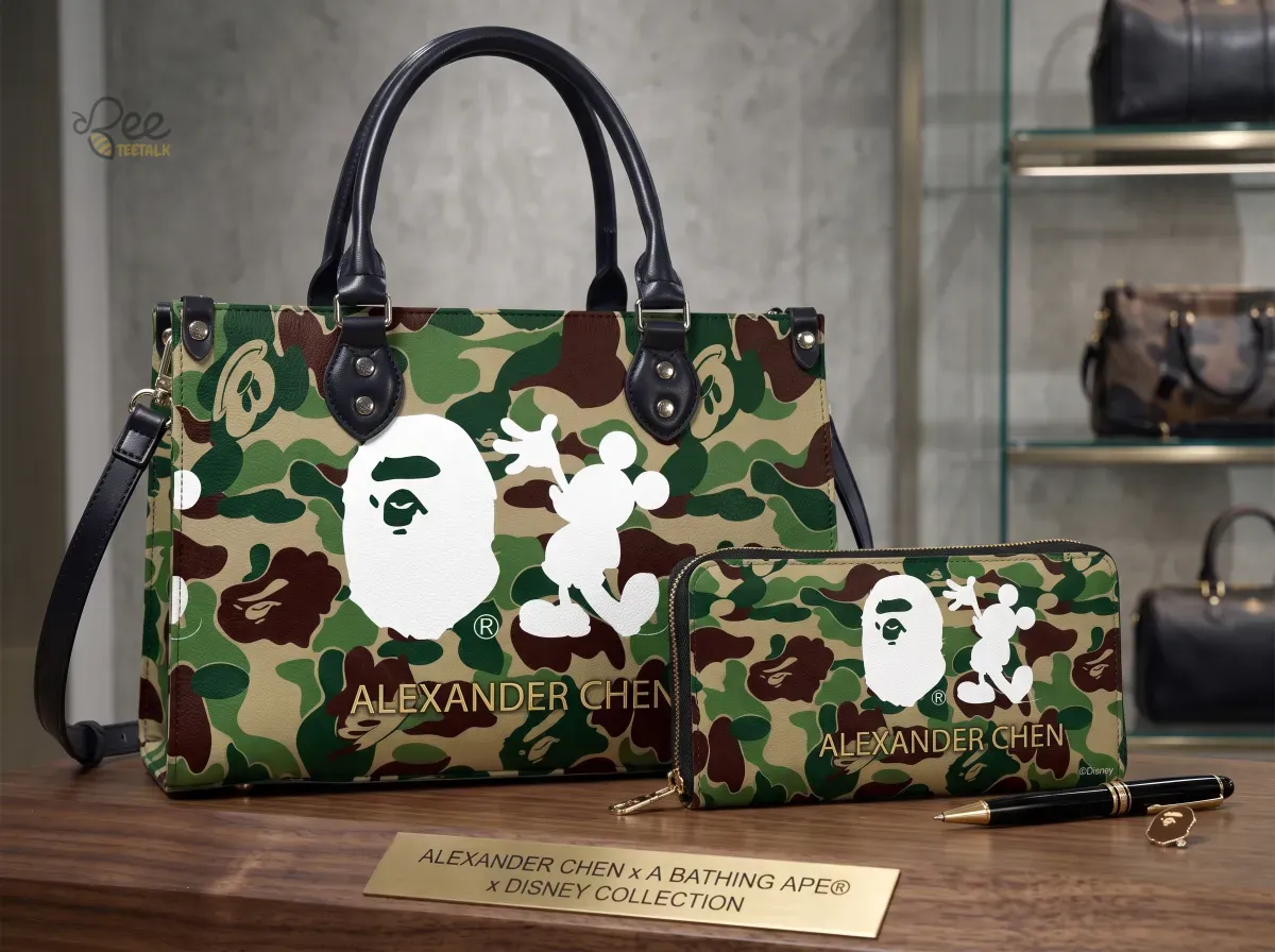 Custom Name Bape x Disney Mickey Mouse Camo Print Leather Handbag and Wallet Set 4 Custom Name Bape x Disney Mickey Mouse Camo Print Leather Handbag and Wallet Set
