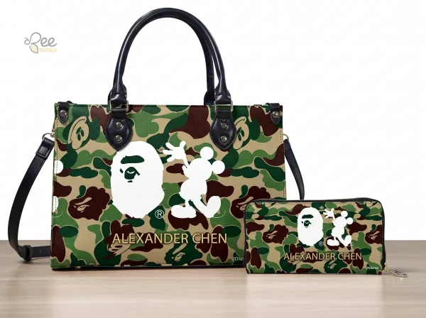 Custom Name Bape x Disney Mickey Mouse Camo Print Leather Handbag and Wallet Set 3 The full handbag and wallet set arranged for a product display.