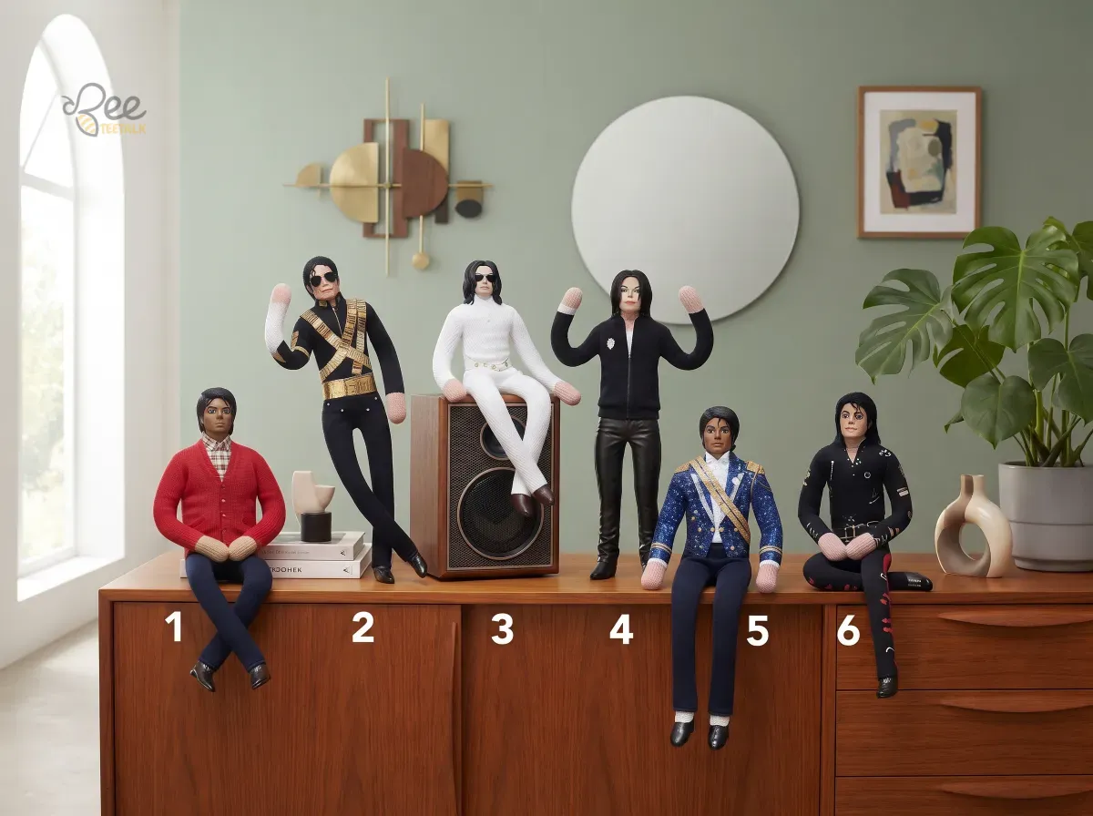 Michael Jackson Iconic Eras Funny Collectible Plush Dolls Toy Gift 8 Six distinct Michael Jackson plush dolls lined up on a wooden cabinet.