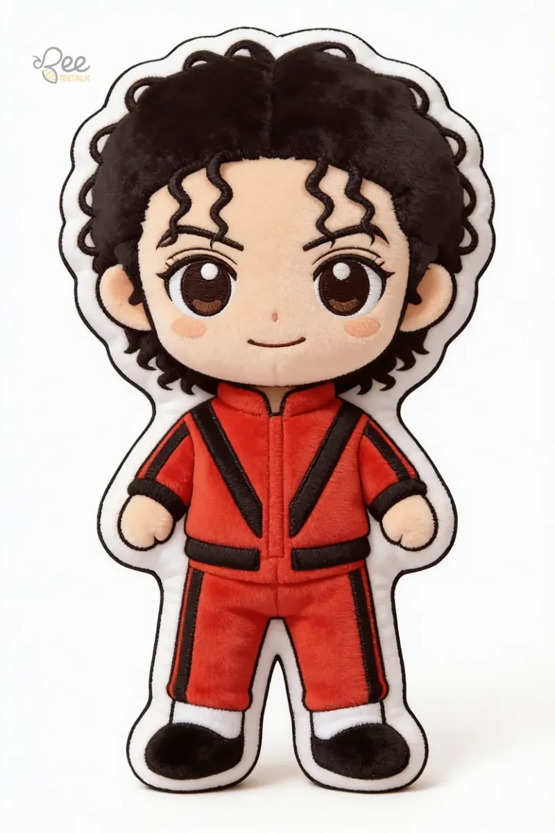 Michael Jackson Thriller Era Chibi Plush Doll Pillow 3 Stylized Michael Jackson chibi plush doll pillow in iconic red Thriller jacket against white background.