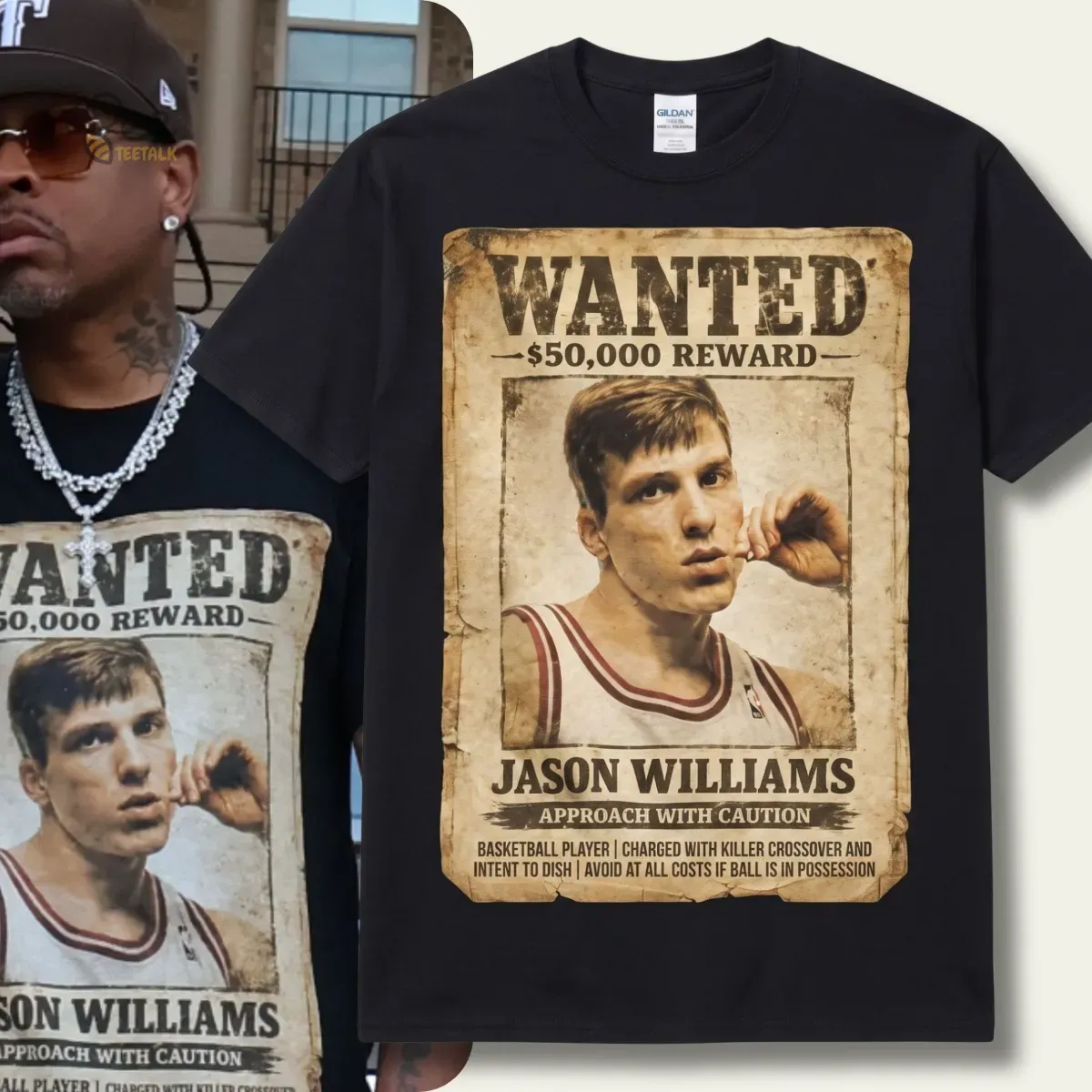 Allen Iverson Jason Williams WANTED poster graphic shirt July 2026 2 A black short-sleeve shirt displaying a sepia-toned vintage wanted poster of NBA player Jason Williams.
