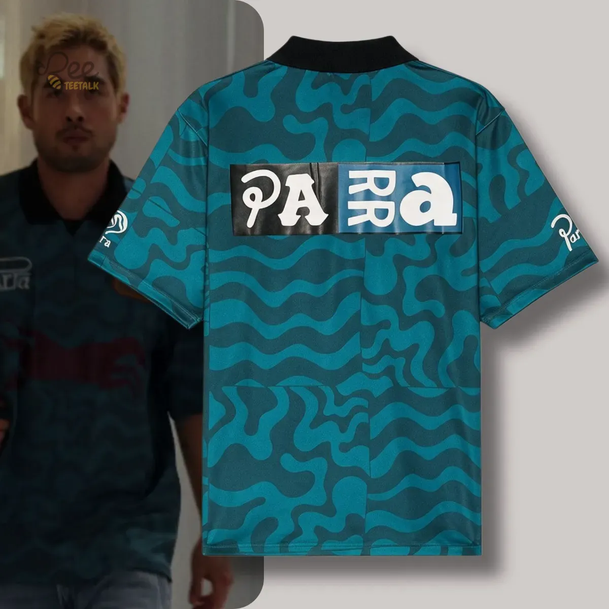 Charles Melton Beef Sugar Season 2 Episode 4 AOP Replica By Parra Sports Flag Polo Shirt) 5 Back view of a teal wavy-patterned polo shirt featuring bold white and black block typography.