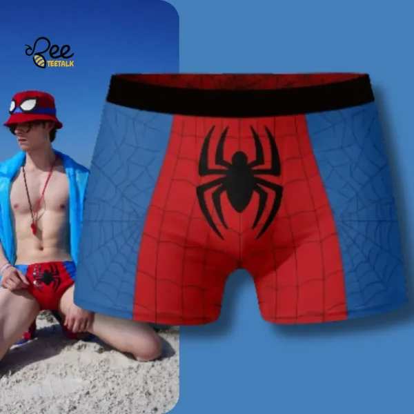 Front view of vibrant red and blue Spider-Man web design boxer briefs.