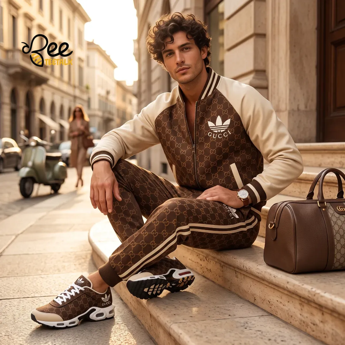 Gucci x Adidas Monogram Tracksuit and Nike Air Max Sneakers Set 9 Close-up of a brown monogram jacket and matching athletic sneakers.