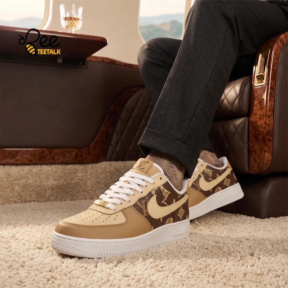 Louis Vuitton Monogram Custom Nike Air Force 1 Tan Brown Sneakers 7 Angled view of custom monogram sneakers beside a zebra statue and luxury shoe box.