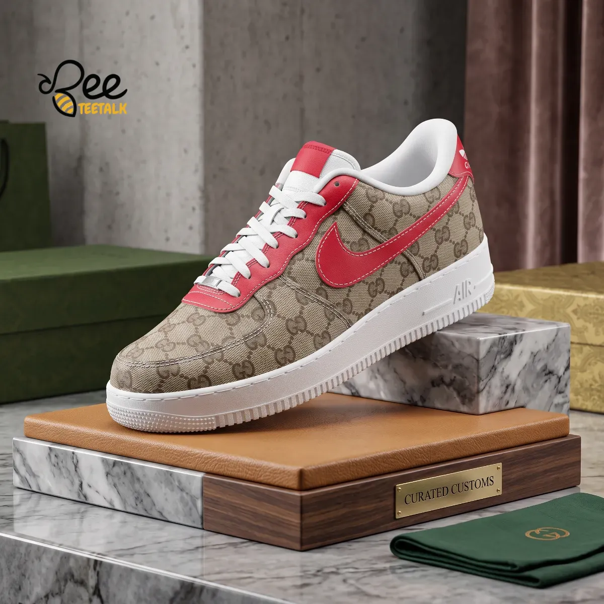 Nike Air Force 1 Gucci Monogram Custom Sneakers with Red Swoosh 6 Custom beige monogram Nike Air Force 1 sneakers with red swoosh on a marble display stand.