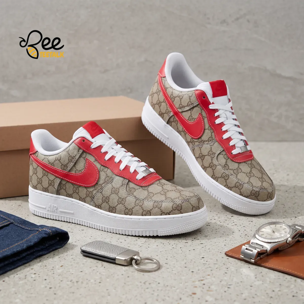 Nike Air Force 1 Gucci Monogram Custom Sneakers with Red Swoosh 10 Close up view of the monogram pattern and red leather texture on the custom sneakers.