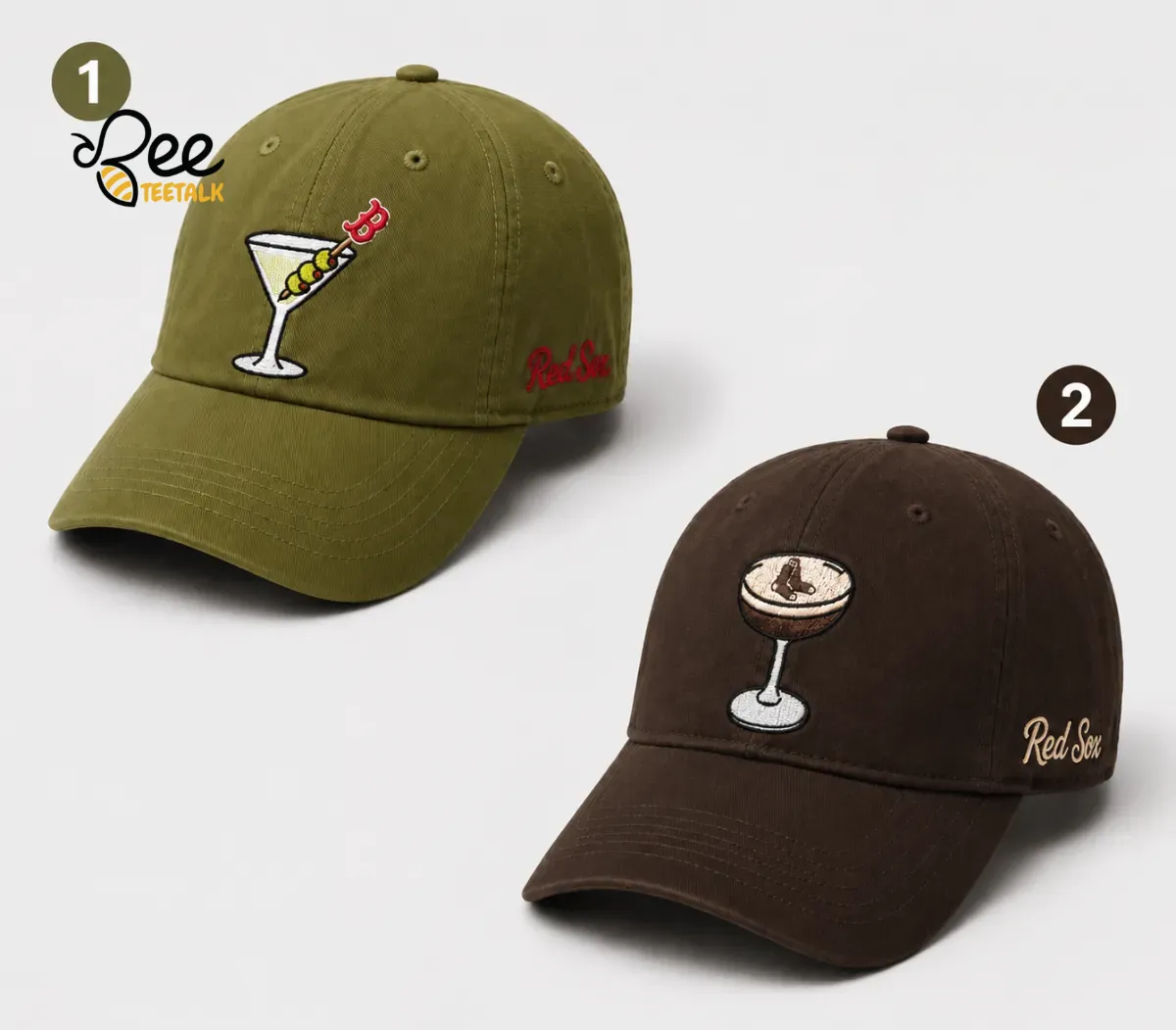 2026 Red Sox Martini Hat Fenway Park Giveaway 20 July 2026 (Choose a Design Number) 5 Olive green baseball cap featuring a white martini glass graphic with a red B-logo toothpick.