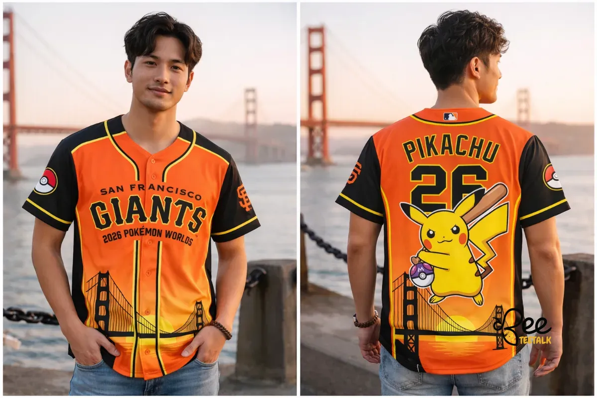 San Francisco Giants Pikachu Pokemon Worlds Night 2026 Sunset Baseball Jersey 3 Front view of an orange baseball jersey with San Francisco Giants text and Pokemon Worlds 2026 branding.
