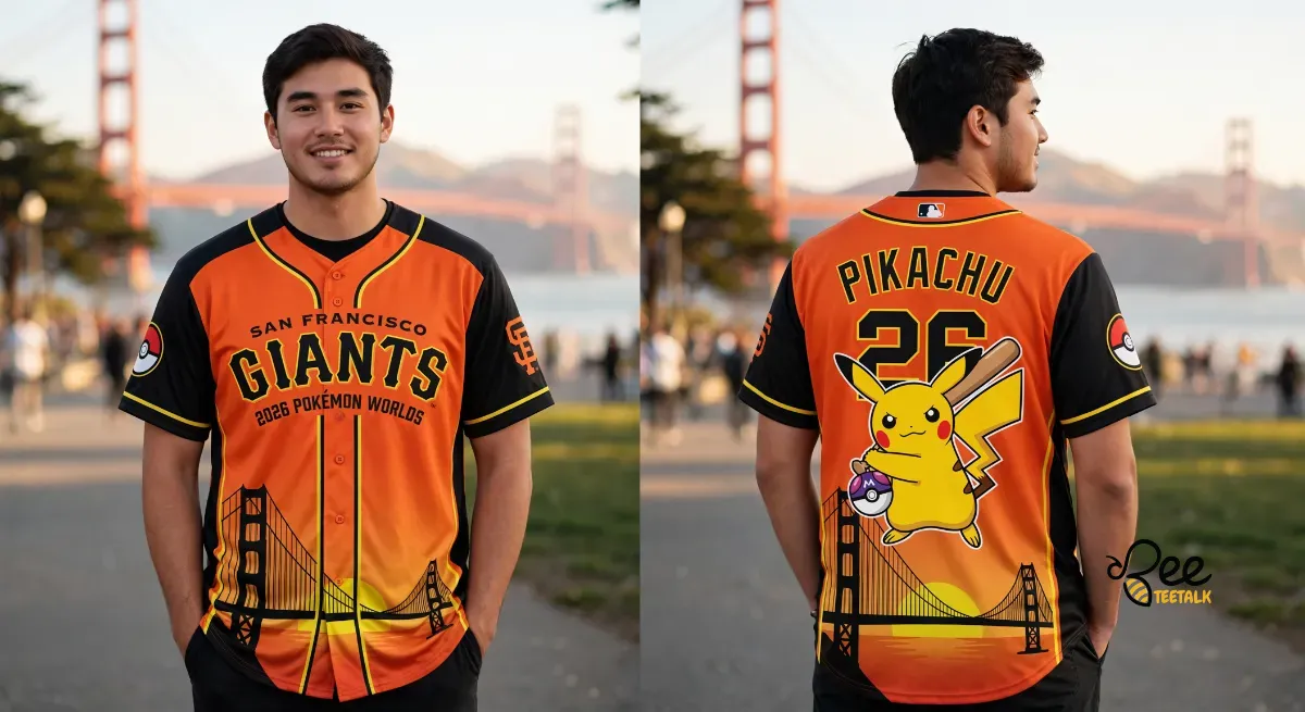 San Francisco Giants Pikachu Pokemon Worlds Night 2026 Sunset Baseball Jersey 5 Back view of a baseball jersey showing Pikachu holding a bat and a Master Ball.