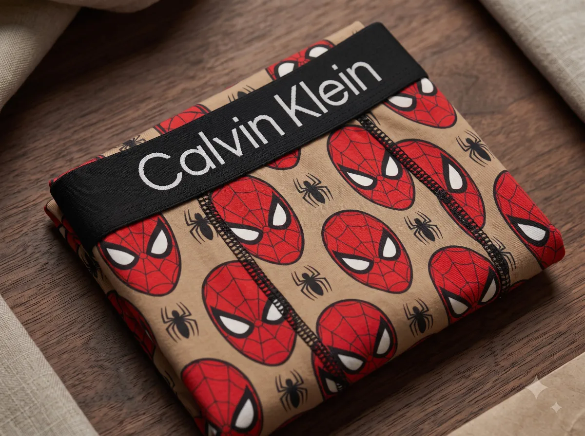 Spider-Man Calvin Klein Underwear Boxer for Men 7 Flat lay of Spider-Man print boxers on brown paper