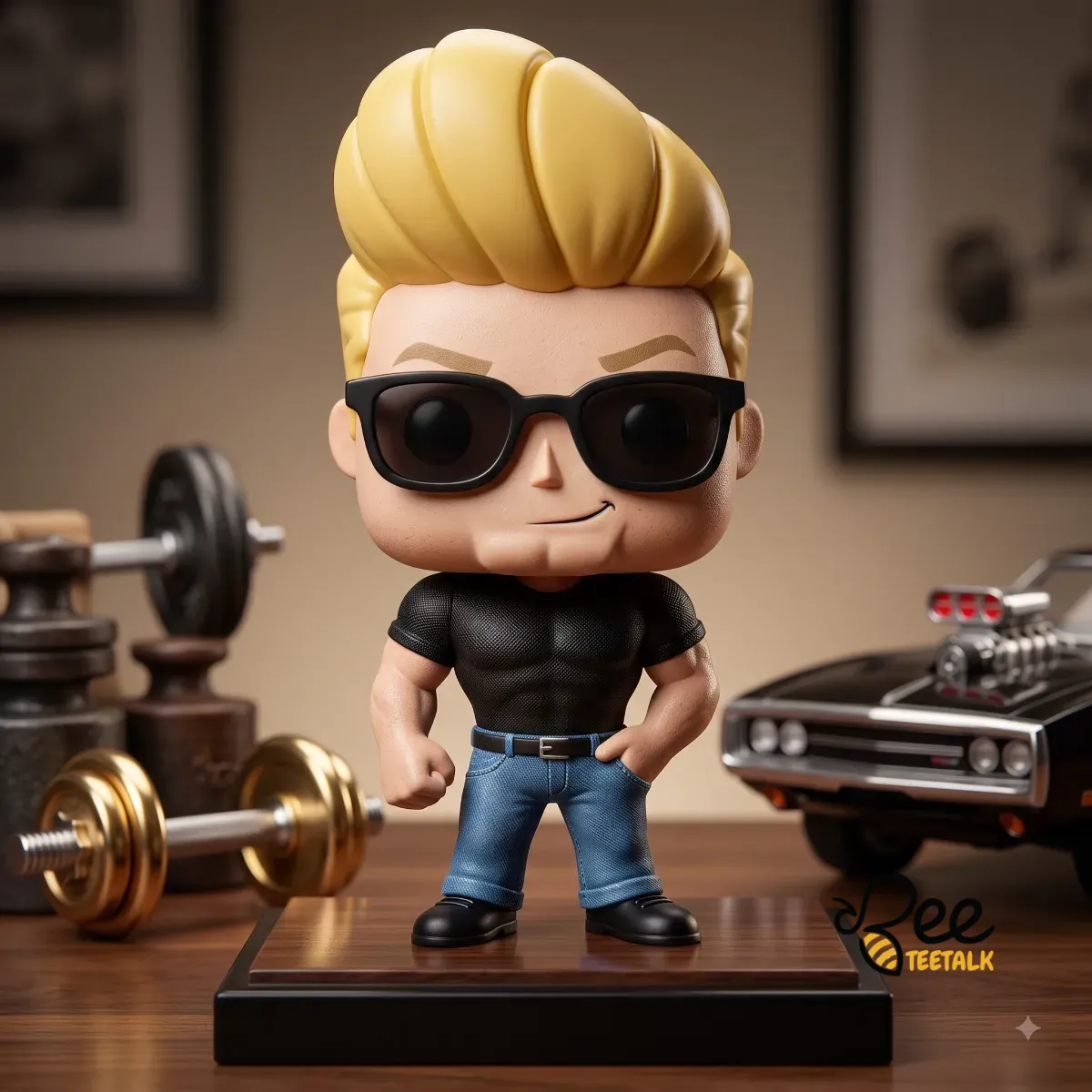 Johnny Bravo John Cena Funko Pop Styled Resin Figure 7 Johnny Bravo figure with John Cena aesthetics standing in front of a collector box. (Detail view #2)