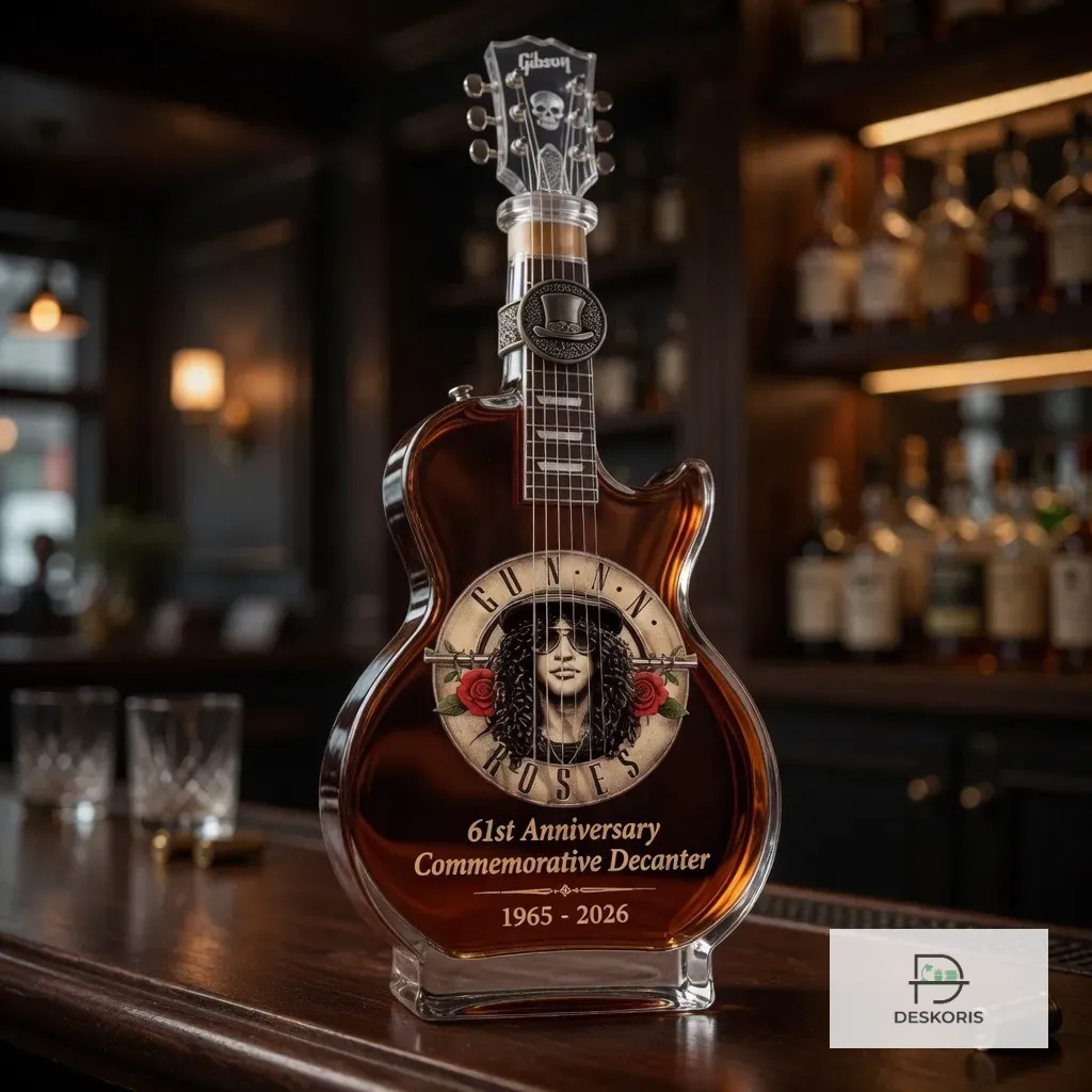 Slash 61st Anniversary Guitar The Riffmaster Collection Whiskey Decanter 9 Slash 61st Anniversary whiskey decanter displayed on a bar with collection box and guitar accessories.