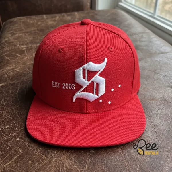Front view of the red RIIZE Sohee ARCHIIVE 2026 snapback hat with white Old English S graphic.