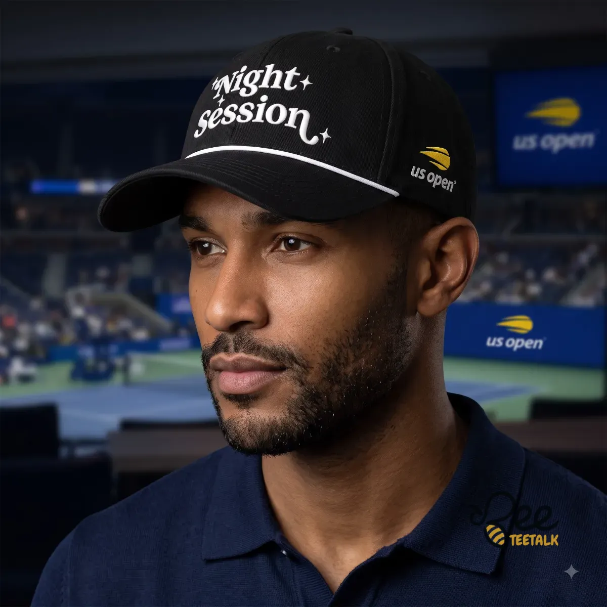 Night Session US Open 2026 Hat 4 Commentator wearing the Night Session US Open hat during the 3:33 AM match finish.