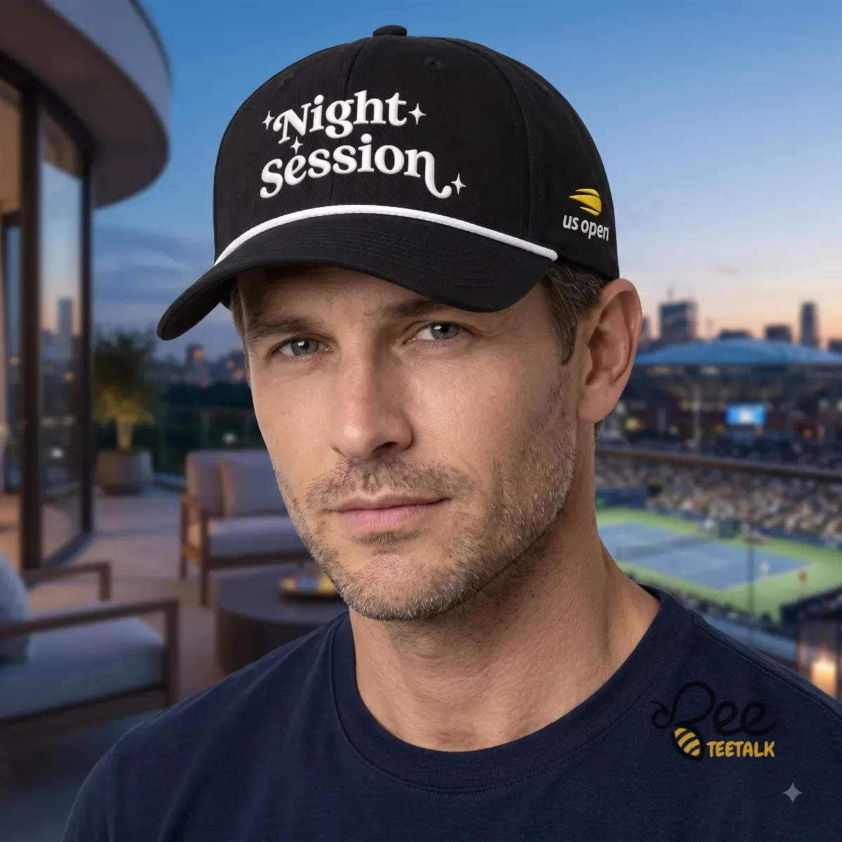 Night Session US Open 2026 Hat 5 Black US Open 2026 Night Session baseball cap with white typography and star graphics. (Detail view #3)