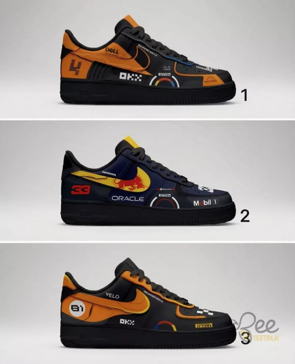 Nike Air Force 1 Sneakers inspired by Formula 1 team liveries and drivers (Lando Norris, Max Verstappen, and Oscar Piastri)