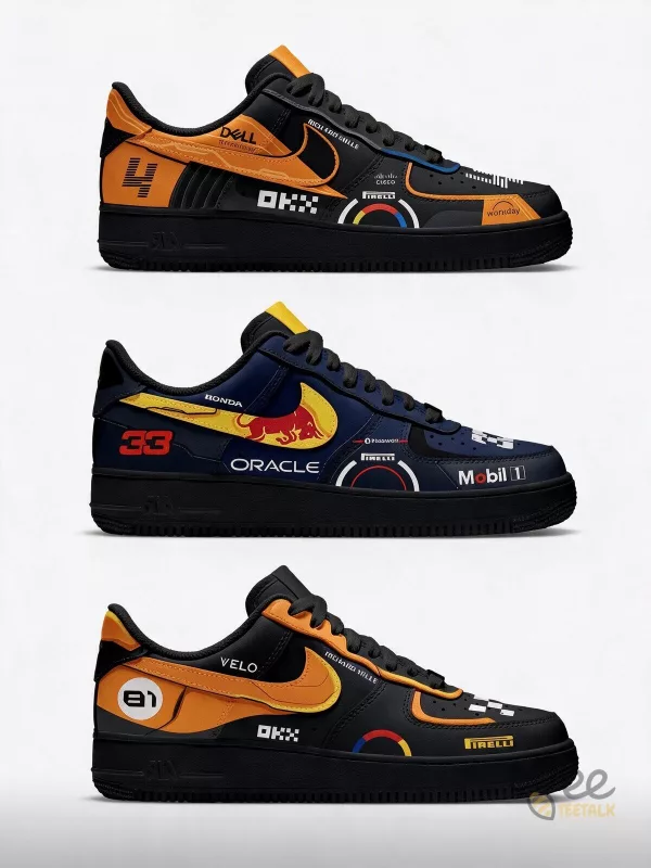 Nike Air Force 1 Sneakers inspired by Formula 1 team liveries and drivers (Lando Norris, Max Verstappen, and Oscar Piastri)