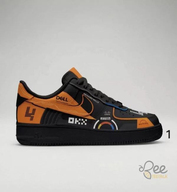 Nike Air Force 1 Sneakers inspired by Formula 1 team liveries and drivers (Lando Norris, Max Verstappen, and Oscar Piastri)