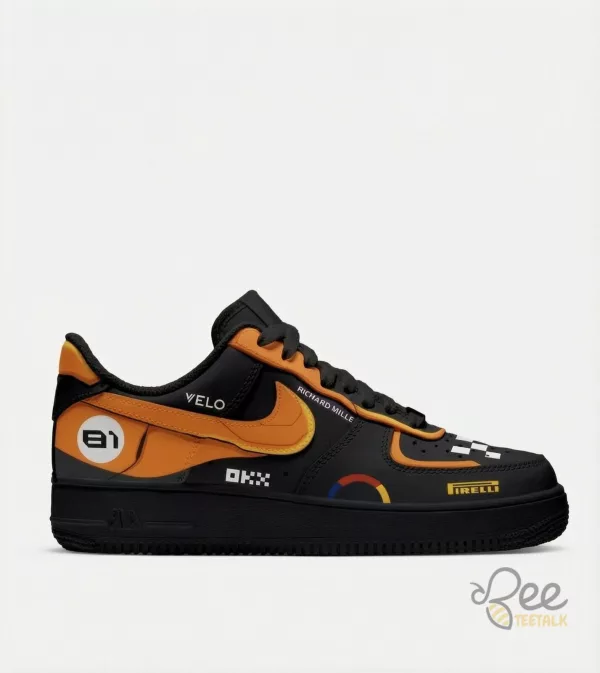Nike Air Force 1 Sneakers inspired by Formula 1 team liveries and drivers (Lando Norris, Max Verstappen, and Oscar Piastri)