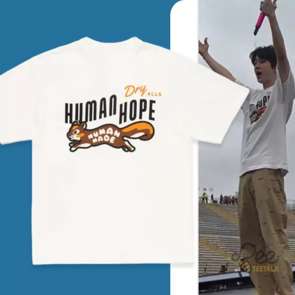 Bts Jin wearing Human Made Human Hope graphic T-shirt during a soundcheck on Day 1 of the Arirang Tour in Lima, Peru