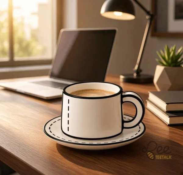 2D Comic Coffee Cup And Saucer Set Cartoon Hand Drawn Optical Illusion Drinkware Mug