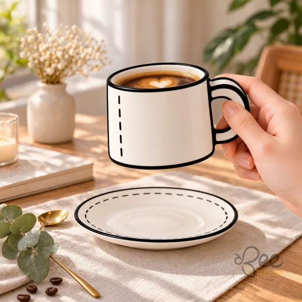 2D Comic Coffee Cup And Saucer Set Cartoon Hand Drawn Optical Illusion Drinkware Mug