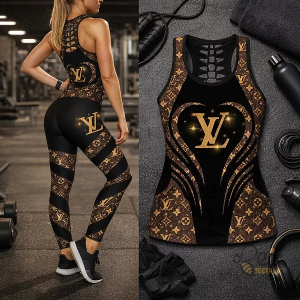 Lv black and brown leggings and hollow tank top set for women
