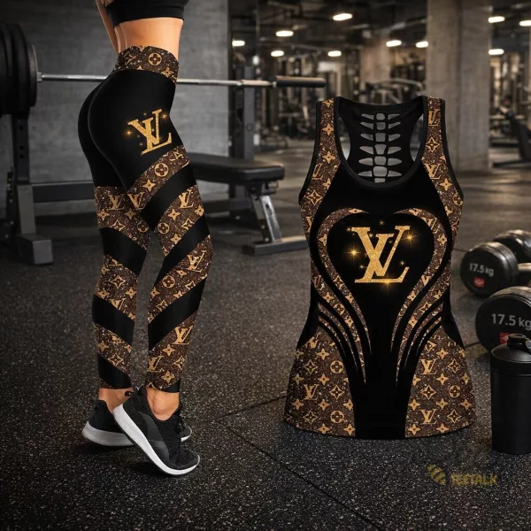 Lv black and brown leggings and hollow tank top set for women