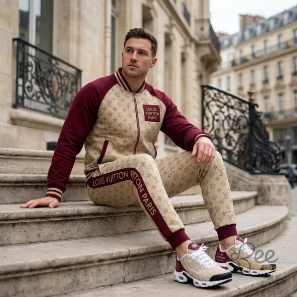 Red and Brown LV Paris Set of Jacket Pants And Sneakers